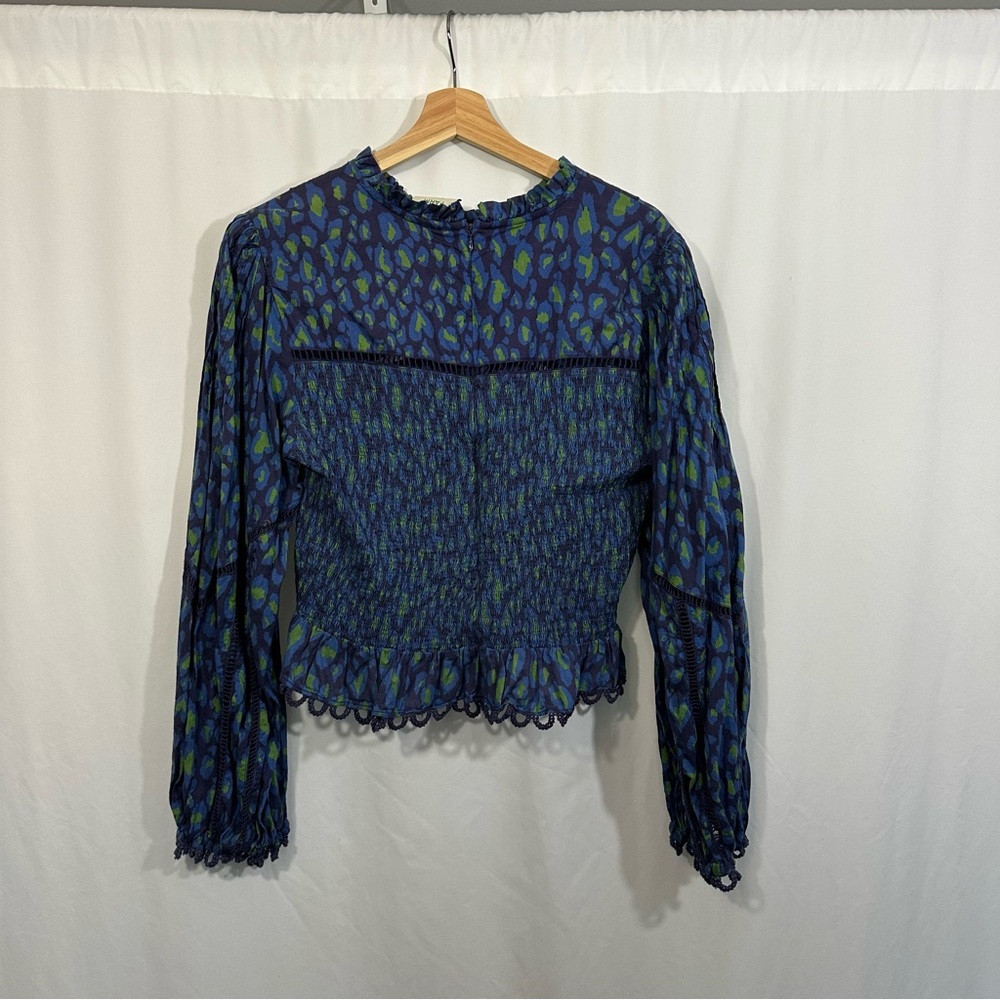 Farm Rio Leopard Pop Smocked Embroidered Lace Long Sleeve Peplum Top - Picture 8 of 14